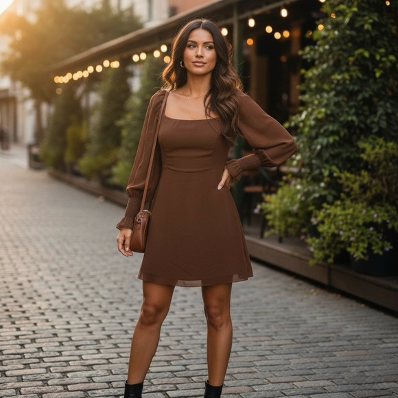 Wilfred Aritzia Emmylou Brown Cognac Square Neck Mini Dress Women’s 10 Chiffon - Picture 1 of 14
